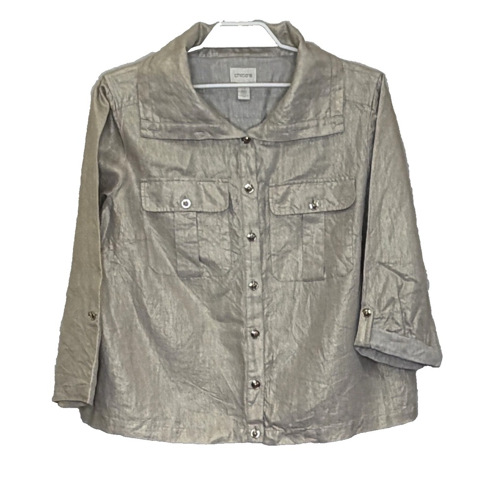 Chico's Jacket Womens Size 3 XL Tan Gold Metallic 100% Linen Button Front‎